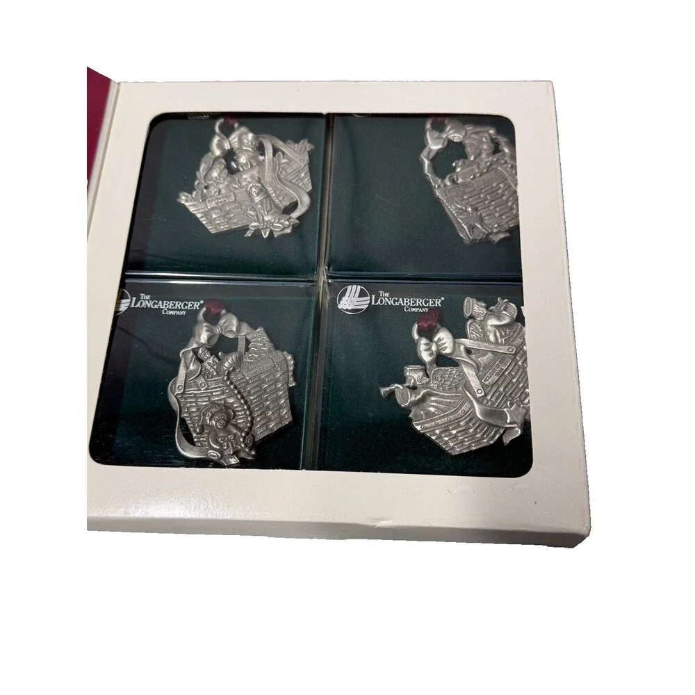 Longaberger Commemorative Christmas Pewter Basket Ornaments 4 Pc Boxed Set